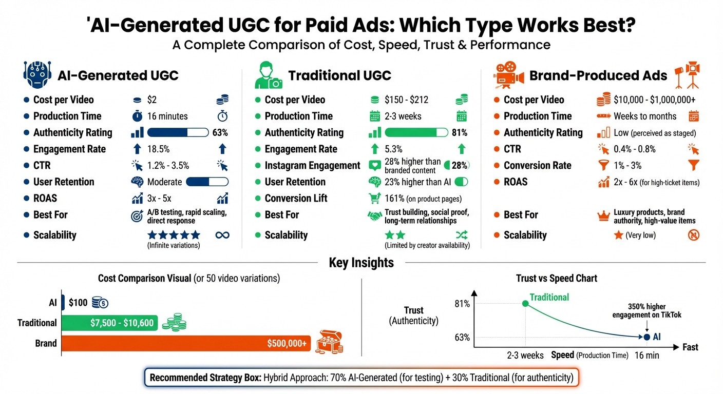 AI-Generated vs Traditional vs Brand-Produced UGC: Cost, Speed, and Performance Comparison