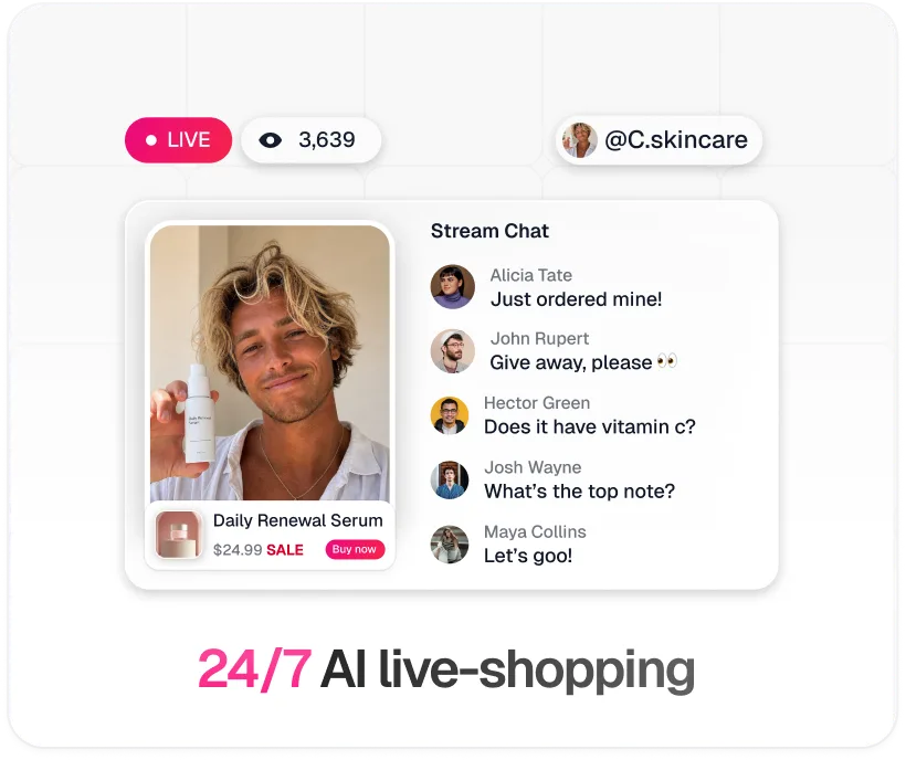 TwinTone 24/7 AI live-shopping stream with LIVE badge, viewer count, product card, and stream chat