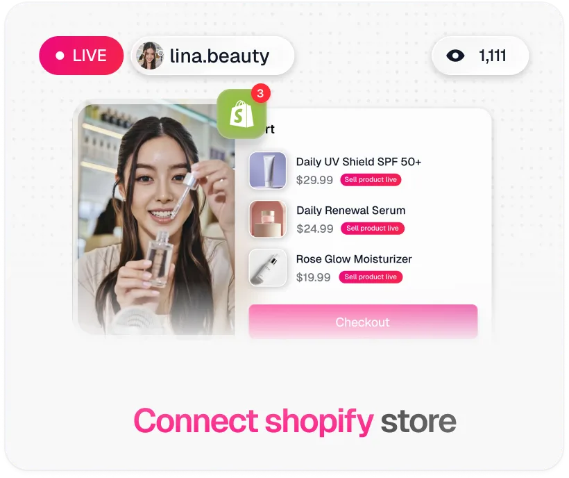 TwinTone Connect Shopify card: live stream with a shoppable cart showing three products and a checkout button