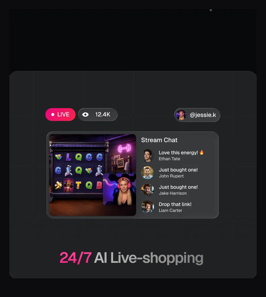 TwinTone AI streamer on Kick: LIVE badge with 12.4K viewers, slots gameplay feed, and live stream chat