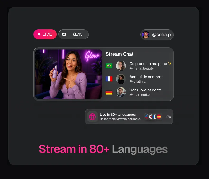 TwinTone AI streams live in 80+ languages with multilingual chat flags