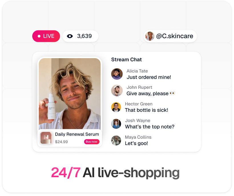 TwinTone 24/7 AI live-shopping stream: live badge, viewer count, pinned product with Buy now button, and real-time stream chat