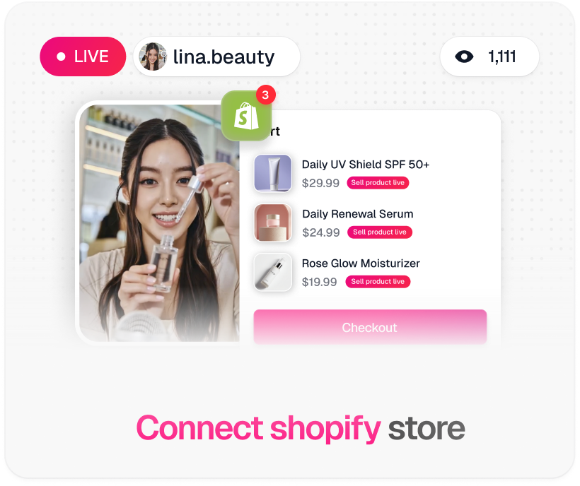 TwinTone live stream connected to a Shopify store: AI creator presenting, synced product list with live prices, and one-click checkout